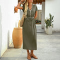 Casual Simple All Matching Elegant Sequin Decoration V neck Slim Solid Color Dress