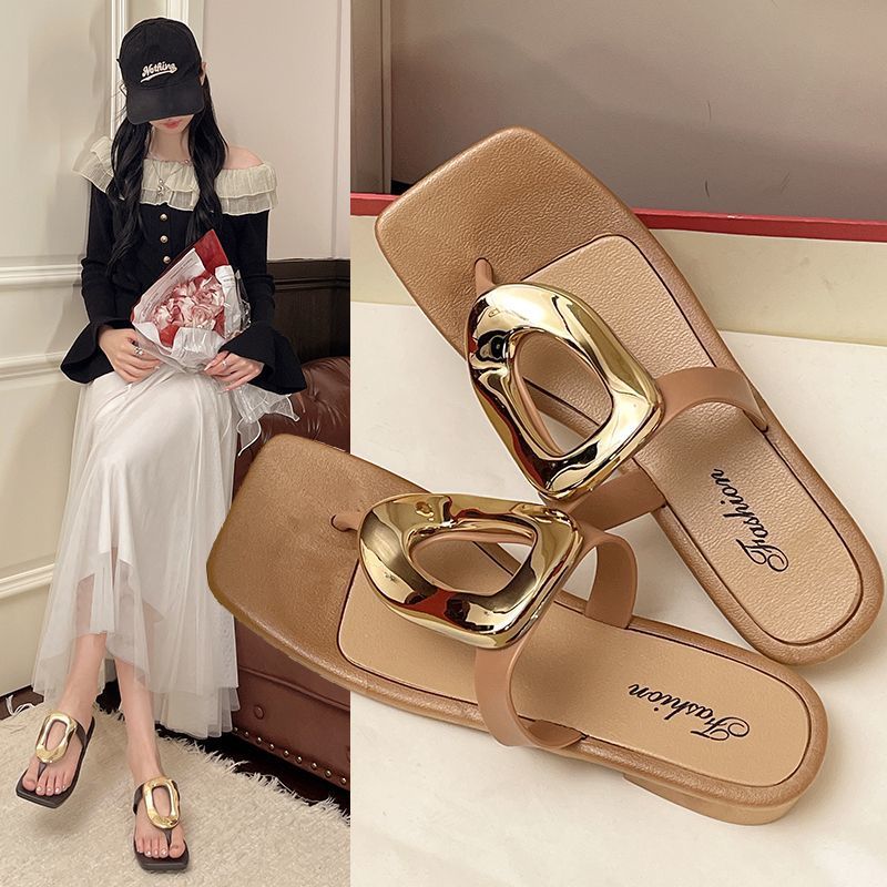 Shopezra L.L.C. square-toe open-toe thong sandals with metal buckle, breathable summer flat sandals for outdoor and casual wear.