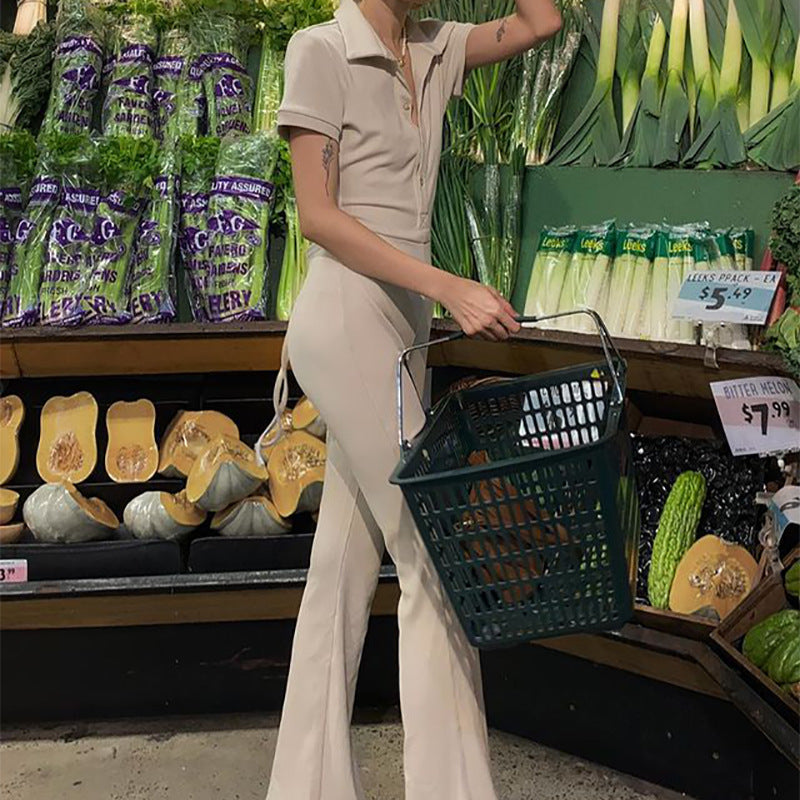 Herbst Winter Damenbekleidung Lässig Eng Rückenfrei Kragen Overall Knöpfe Jumpsuit Damen Bootcut Hose