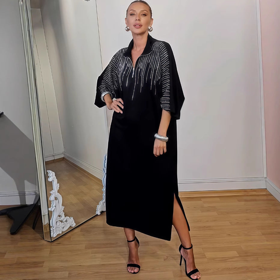 Herbst Bedrucktes Langes Locker Geschnittenes Damenkleid mit langen Ärmeln