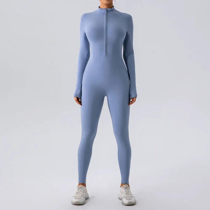 Zipper Nude Feel Long Sleeve Yoga Jumpsuit Women Sports Fitness Training Dance One Piece Bodysuit by Wanita Store