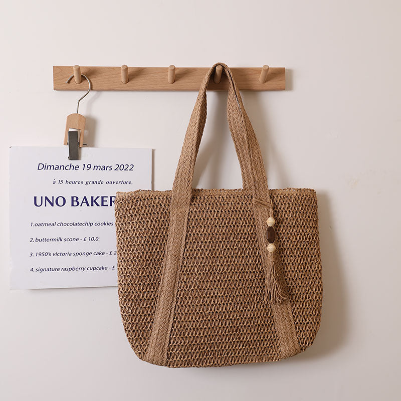 Damen unifarbene gewebte Tasche Große Kapazität Schulter Strohtasche Urlaub Strandtasche Damentasche