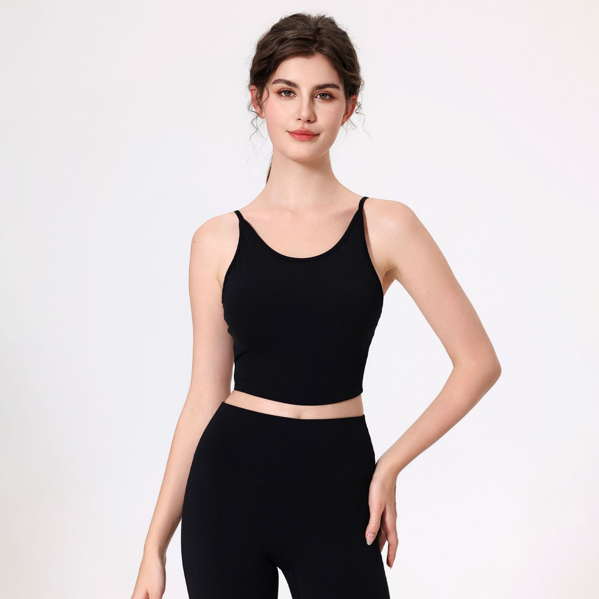 Nude Feel Spaghetti-Träger Aushöhlen Cutout Beauty Back Yoga-BH Bauchkontroll Fitness Schnelltrocknendes Atmungsaktives Sport-Top