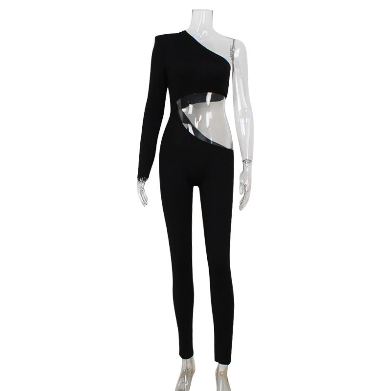 Sexy Damen Kleidung Diagonaler Kragen Aushöhlung Cut-out Schmale Passform Eng Anliegend Overall Hose