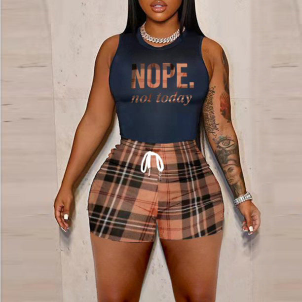 Damenbekleidung Khaki Kariert Bedruckt Set Nope Ärmelloses Tank Top Shorts Zweiteiliges Set