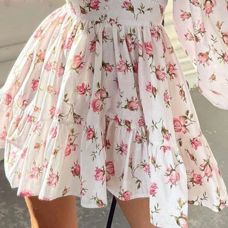 Herbst Winter Damenbekleidung Street Casual Blumenmuster Midi High Waist Slim V-Ausschnitt Kleid