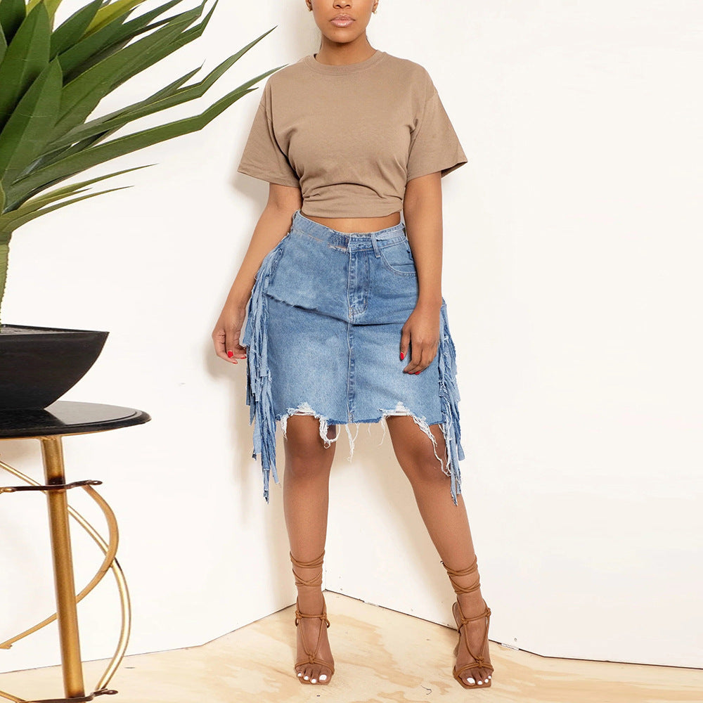 Frühling Sommer Damenbekleidung Personalisierter Denim Ausgefranster Gehäkelter Rock