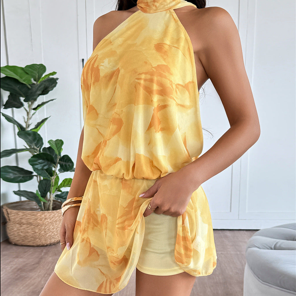Women Clothing Lace up Halter Spaghetti Straps Yellow Printings Short Dress Vacation
