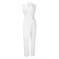 Women Clothing Elegant Elegant Suit Collar Tight Waist Chain Loose Wide Leg Jumpsuit