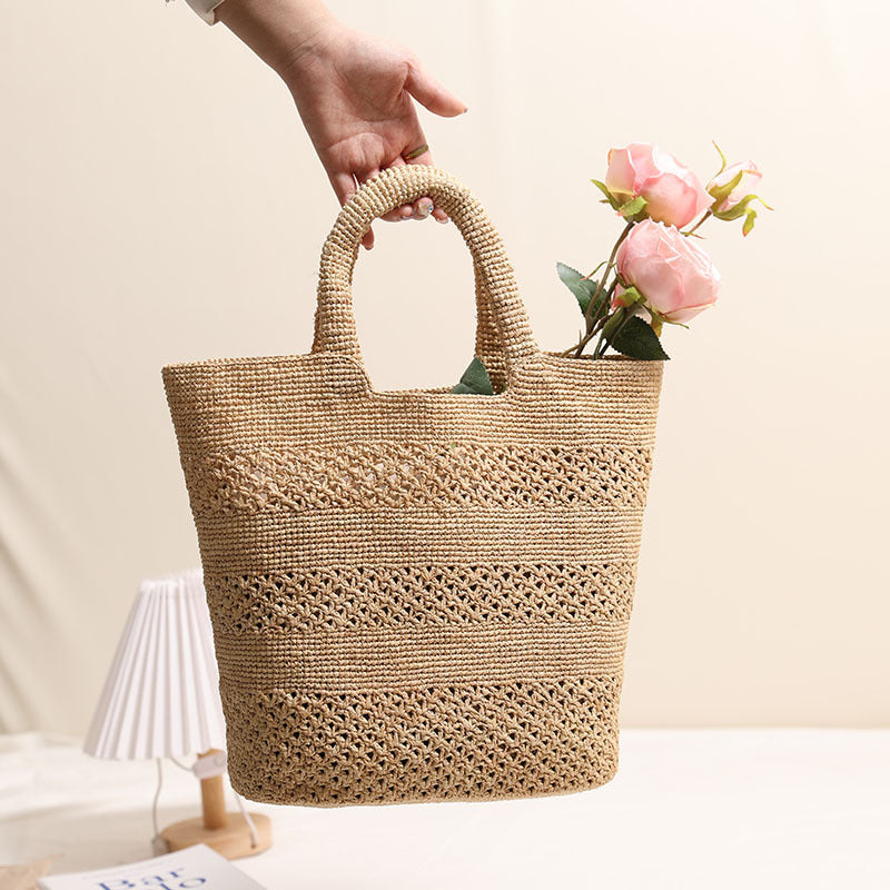 Raffia Tragbare Strohtasche Handtasche Große Kapazität Ausgehöhlte Gewebte Tasche Strandurlaub Strandtasche