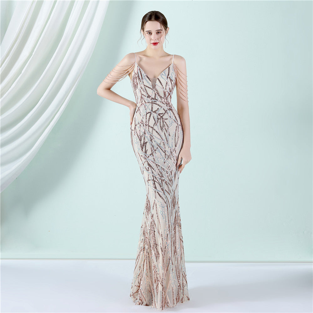 Träger Pailletten Toast Kleid Braut langes Dankesdinner schmal geschnittenes Meerjungfrauenkleid Hochzeitsauto Model Ausstellungs-Kleid