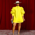 Herbstliches Bürokleid mit kleinem Stehkragen, Designer-Modell, Plissierte Ärmel, Kurzes Oberteil, Kleider