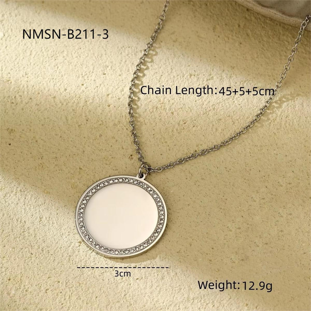Stylish round Diamond Inlaid Stainless Steel Necklace Women Can Carve Writing Light Luxury Minority Gold Plated Embellished Ornament
