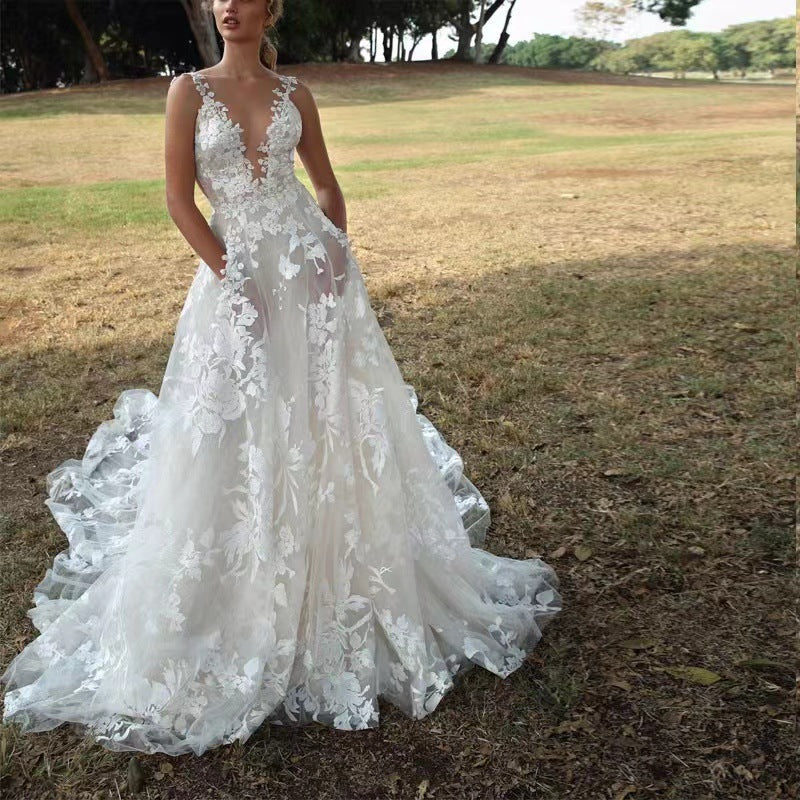 Damenbekleidung Tüll Spitzen Brautkleid Hochzeit Sexy Weißes Träger Brautjungfernkleid