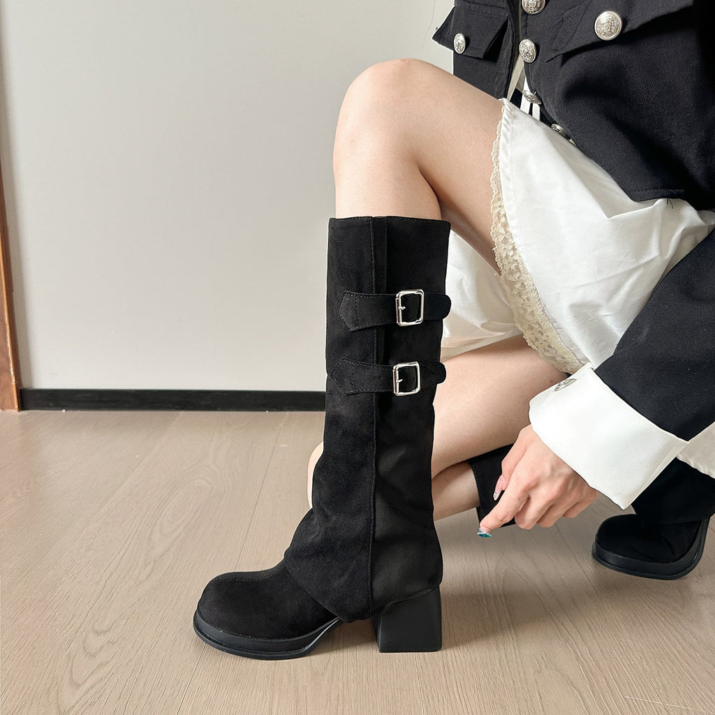 Zwei-Wege-Trage-Langschaftstiefel Herbst Winter Abnehmbare Plüschstiefel Dicke High Heel Plateau Overknee Stiefel Retro Strumpfhosenstiefel