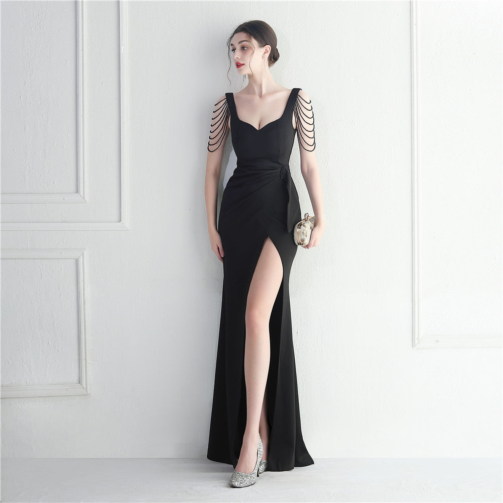 Bastelperlen Automodell Brautjungfer Performance Hochzeit Langes Schlitz Abendkleid