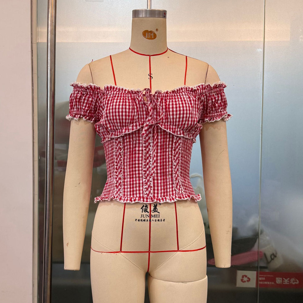 Summer Women Clothing French Plaid Sweet Pure Want Lace Edge Puff Sleeve Short Top