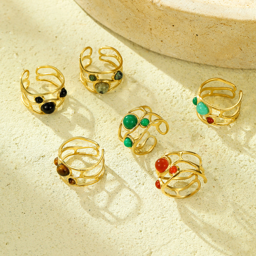 Natural Stone Ring 18K Gold Plating Stainless Steel High Grade Open Ring No Fading Sold Jewelry