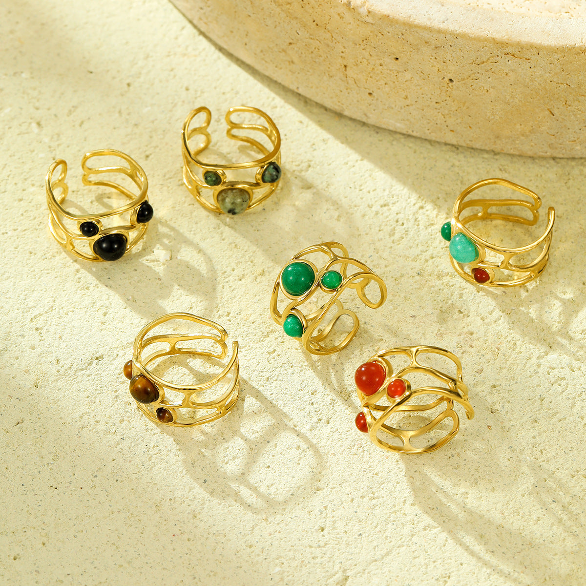 Natural Stone Ring 18K Gold Plating Stainless Steel High Grade Open Ring No Fading Sold Jewelry