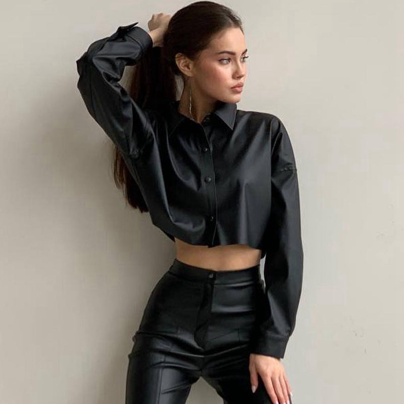 Damenbekleidung Damen Herbst Winter Fledermausärmel Langarm Cropped Einfarbig Faux-Leder Hemd Damenhemd