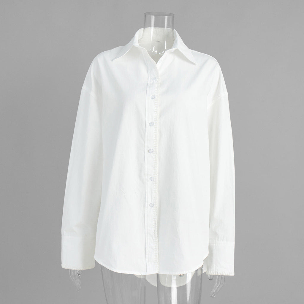 Simple White Long-Sleeved Shirt Fall Lapels Single Breasted Shirt Pure Cotton Loose Shirt Women