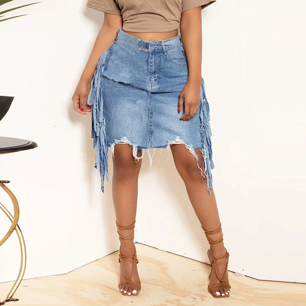 Frühling Sommer Damenbekleidung Personalisierter Denim Ausgefranster Gehäkelter Rock