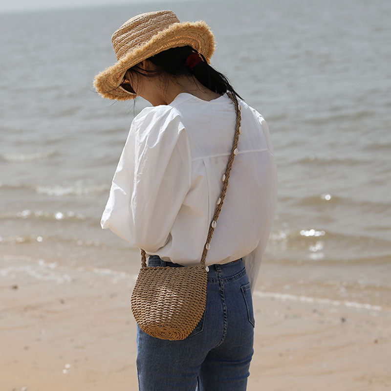 Niedliche Strohtasche Damen Einzelne Schulter Umhängetasche Muschel Strohtasche Gewebte Tasche All-Match Küstenurlaub Strandtasche