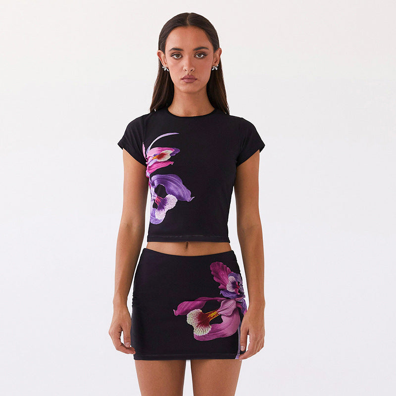 Women Clothing Summer Short Sleeved Printed Hip Skirt Set Women High Grade Suit Two Piece Skirt