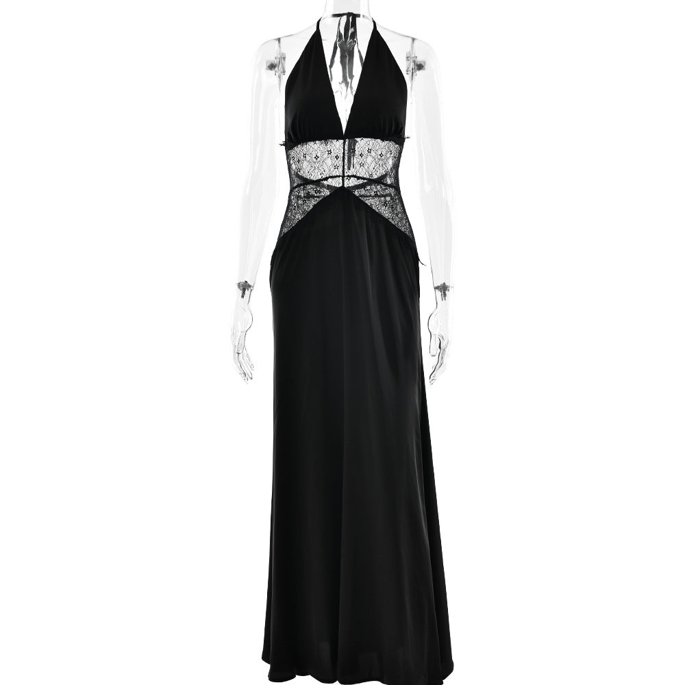 Sommer Elegantes tiefes V Plunge Seidiges Satinkleid mit Steppnaht, Neckholder und tailliertem, sexy Schnitt