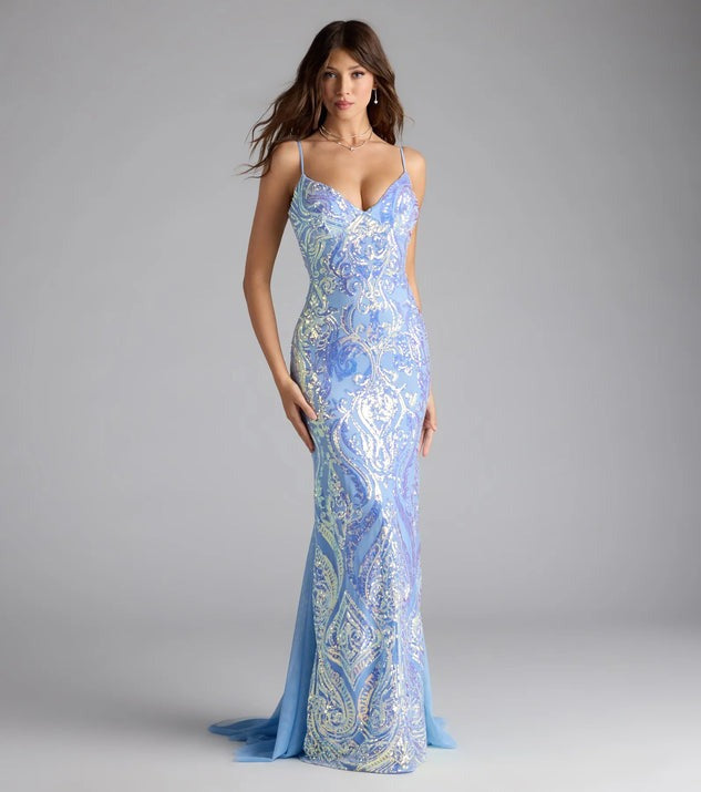 Damen Party V-Ausschnitt Blau Pailletten Sexy Abendkleid