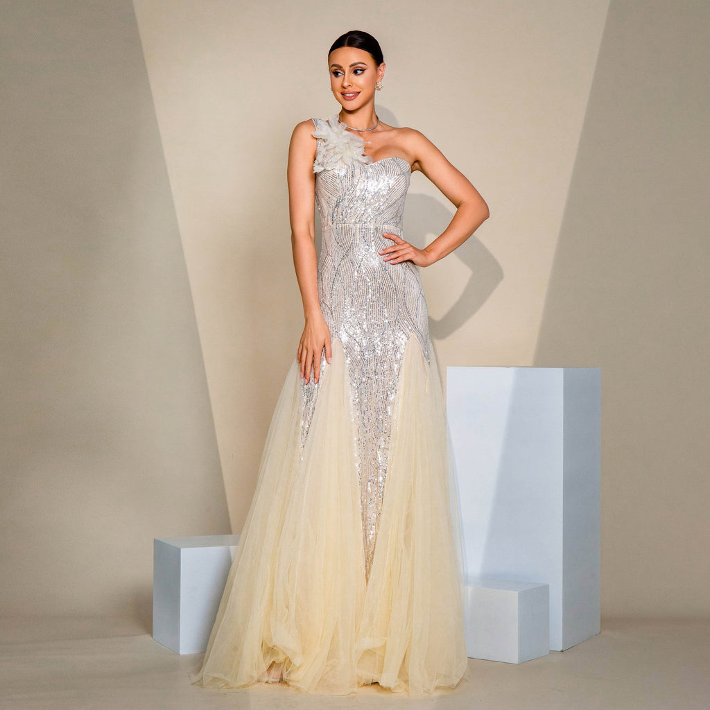 Women Clothing One Shoulder Diagonal Collar Slim Fit Sheath Sequined Split Cocktail Evening Dress