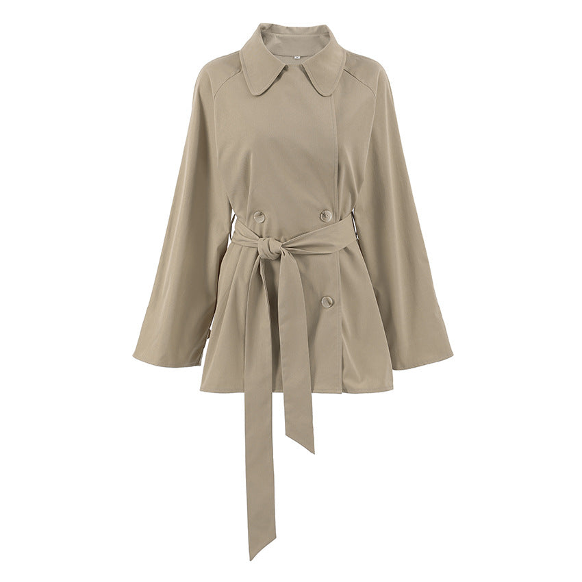 Grabenmantel Damen Mittellang Khaki Jacke Schnürung Herbst Langarm Mantel