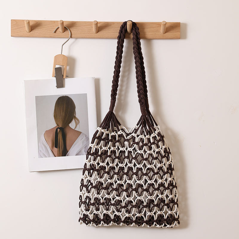 Sommer Strohgewebte Tasche mit Schnürmuster, geeignet für Damen, Strandurlaub, Strandtasche