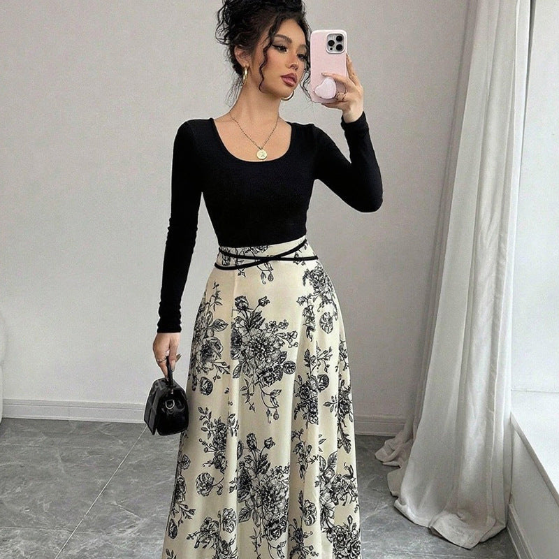 Square Collar Dress Women Elegant Floral Print Long Sleeve Waist Dress