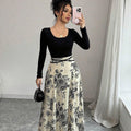 Square Collar Dress Women Elegant Floral Print Long Sleeve Waist Dress