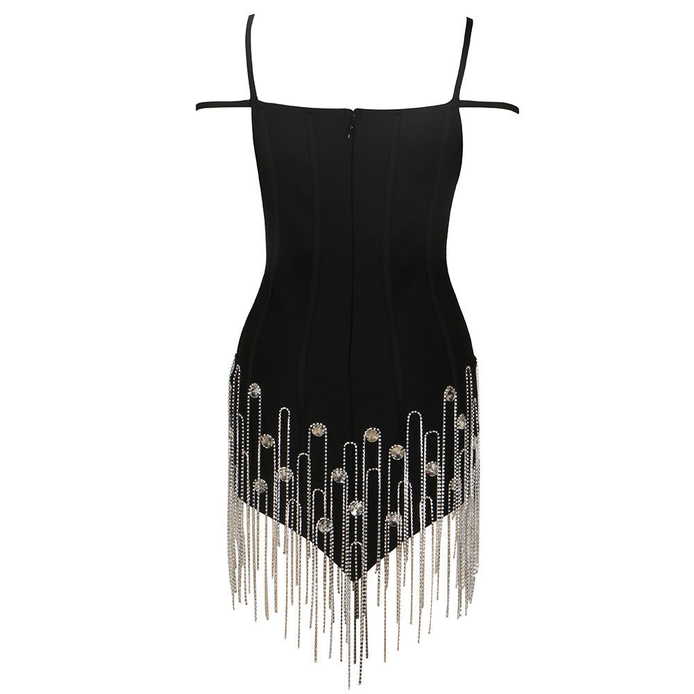 Sexy Black Camisole Small V neck Backless Jewelry Chain Diamond Knitted Bandage One Piece Dress