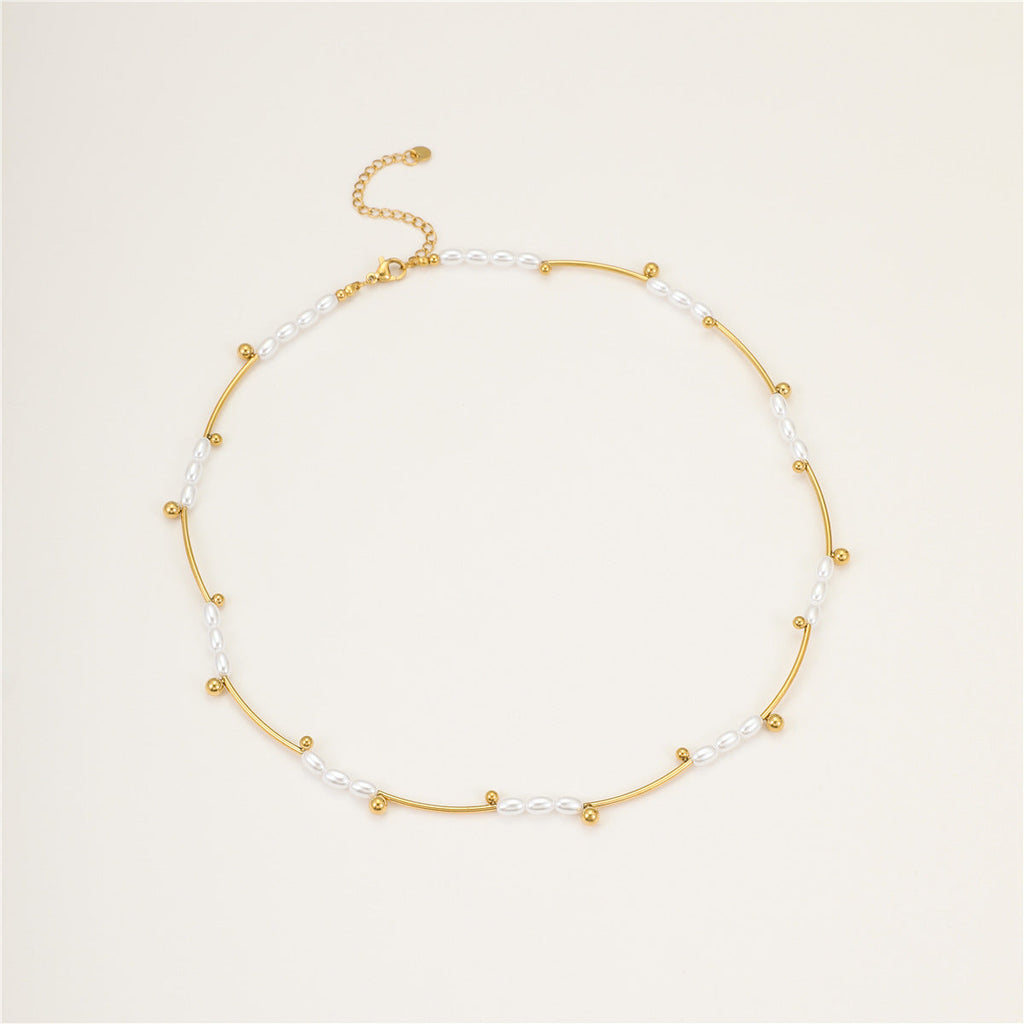 French Hepburn Advanced Baroque Imitation Pearl Necklace Batch Floral Tube Spacer Beads 18K Real Gold Stainless Steel Clavicle Chain