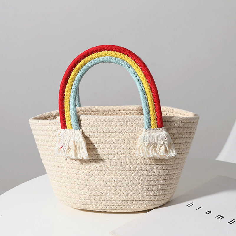 Niedliche Regenbogenwolken Handtasche Handgefertigte Baumwollfaden-Webtasche Strandurlaub Strandtasche Strohtasche