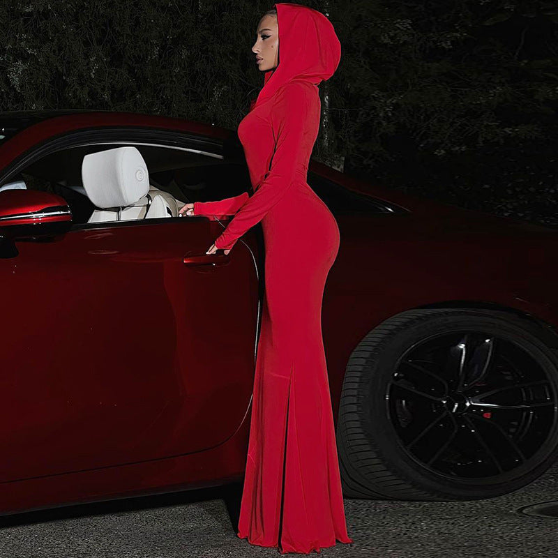 Damenbekleidung Herbst Einfarbig Schmale Passform Kapuze Langarmkleid