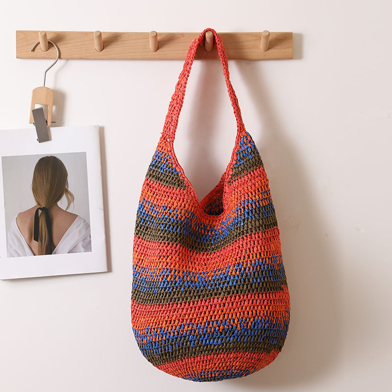 Farbige Schulterstrohtasche, lässige Korbtasche mit großem Fassungsvermögen für den Urlaub am Meer, Strandtasche, vielseitige Strohtasche