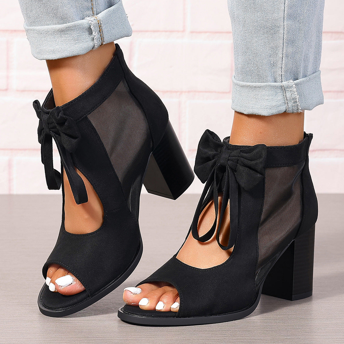Womens Chunky Heel Sandals with Bow Suede High Heels Hollow Sandals