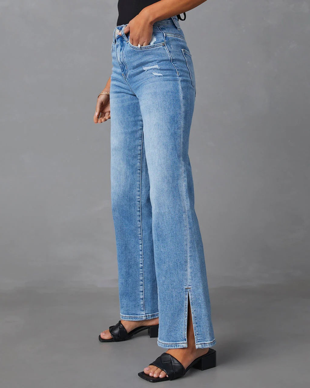 Split Jeans Damen Hohe Taille Split Straight Stretch Jeans