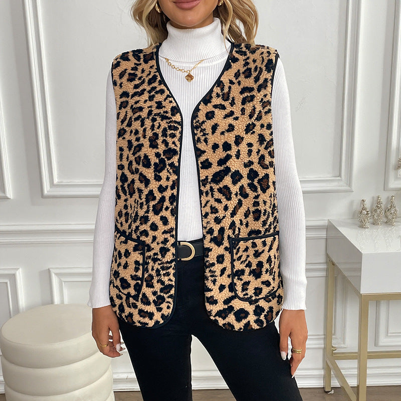Sleeveless Outer Wear Vest Women Autumn Winter Leopard Cardigan