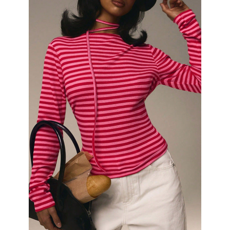 Bonte Spring Summer Type Elegant Slim Striped Stretch round Neck Long Sleeve Top Women