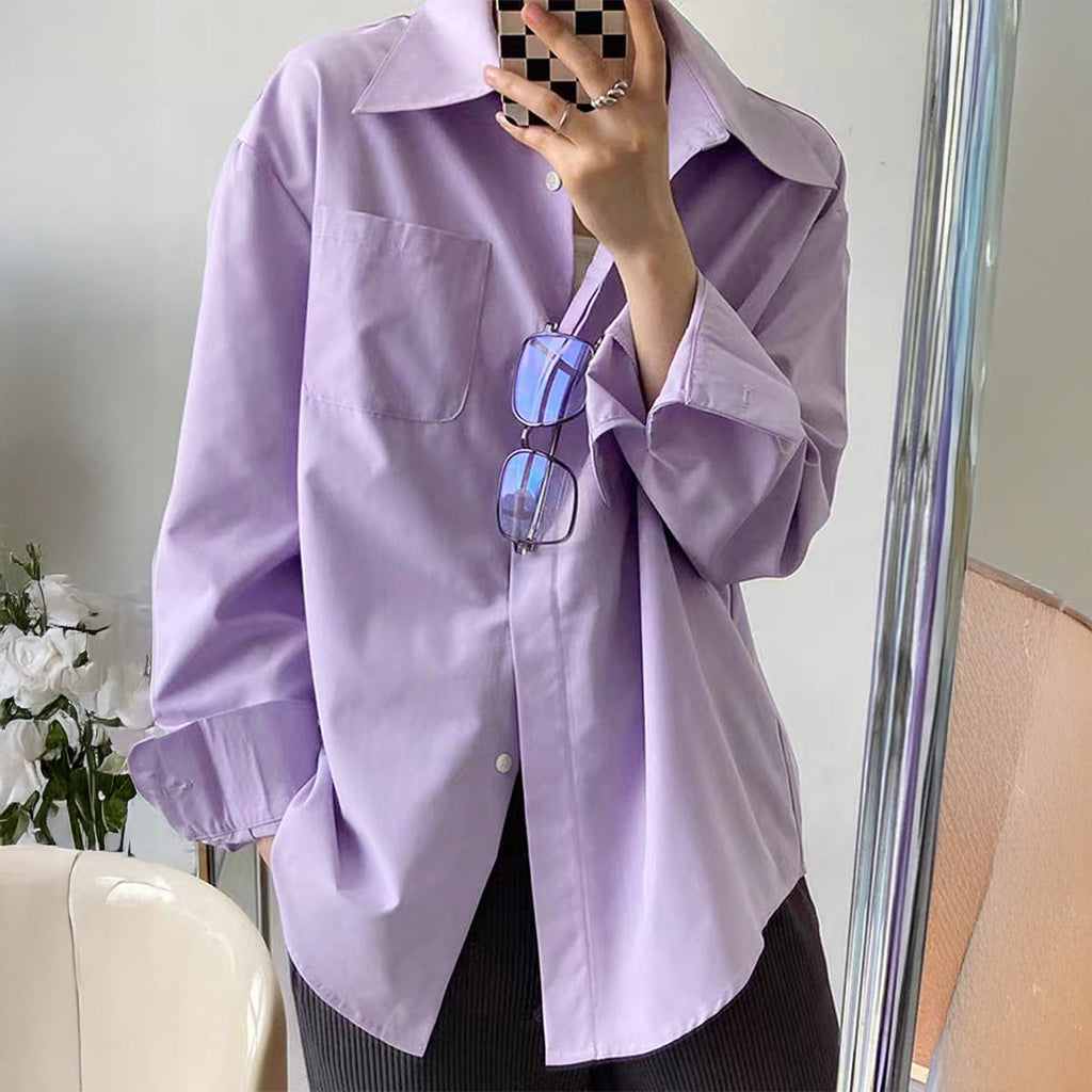 Women Clothing Autumn Winter Casual Vacation Button Solid Color Long Sleeved Shirt
