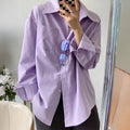 Women Clothing Autumn Winter Casual Vacation Button Solid Color Long Sleeved Shirt
