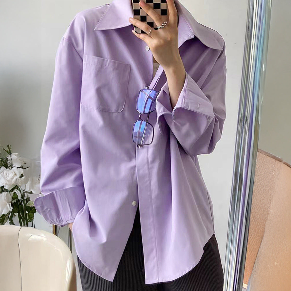 Women Clothing Autumn Winter Casual Vacation Button Solid Color Long Sleeved Shirt
