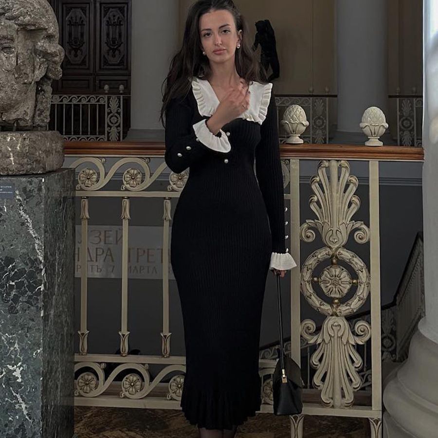Gerüschtes Kleid, Strickkleid, Herbst-Winter-Pulloverkleid, Retro-Damenkleid, französisches Kleid