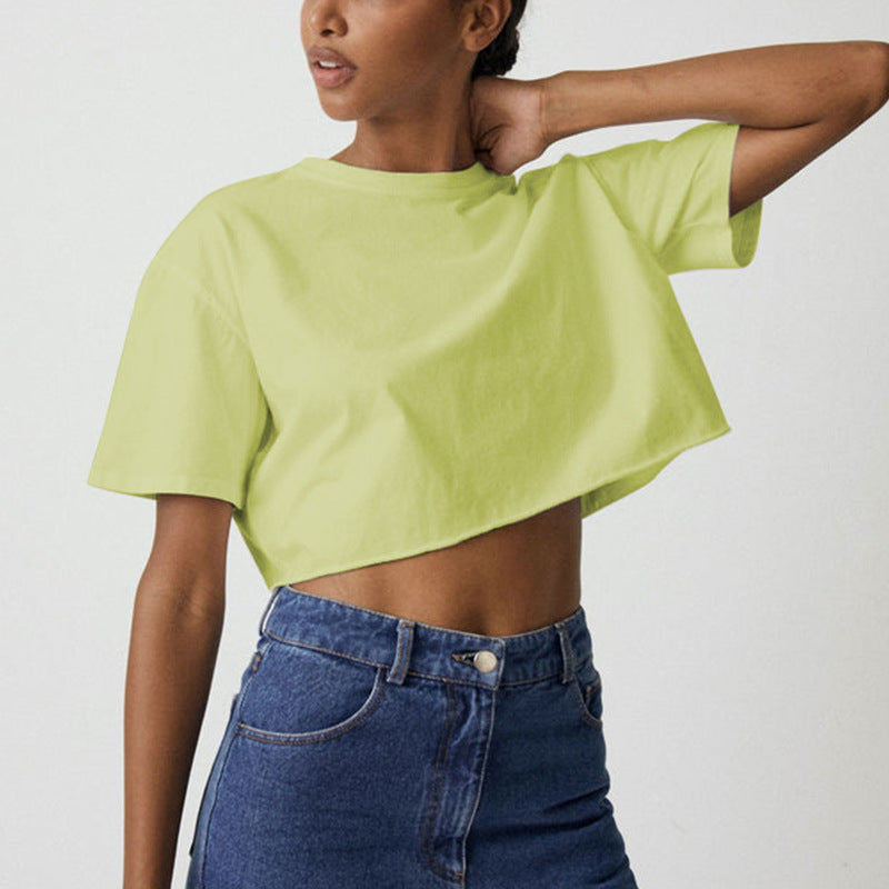 Sexy Short Sleeved T shirt Women Summer Pure Cotton Solid Color Short Cropped round Neck Sports Top
