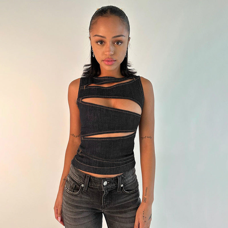 Summer Women Clothing Sexy Cutout Imitation Denim Vest Top for Women
